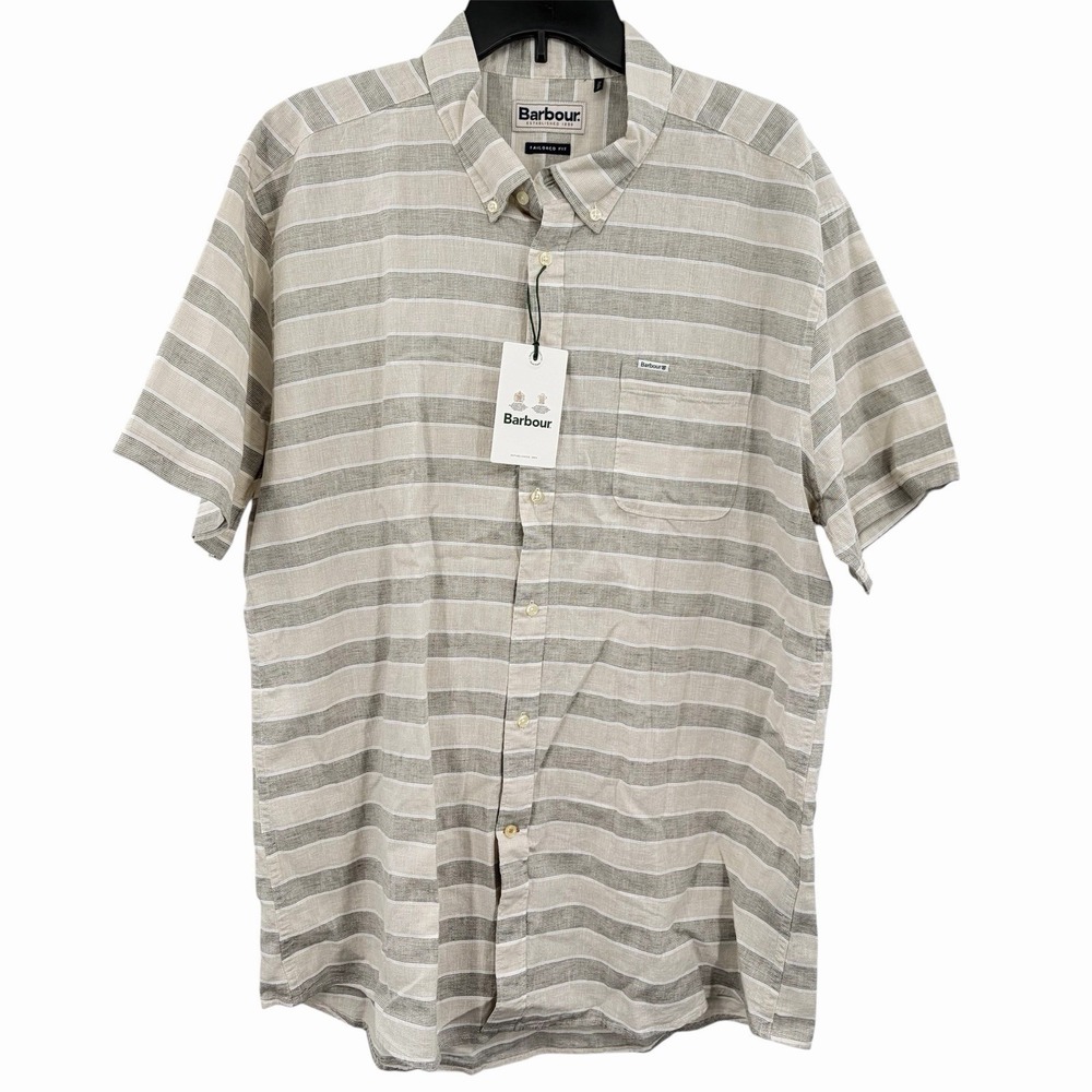 Barbour Shirt Mens XL Beige Somer Linen Cotton Short Sleeve Striped Casual